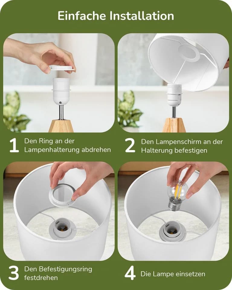 EDISHINE Nachttischlampe aus Holz mit Stoffschirm LED wechselbar Warmweiß - Bild 4