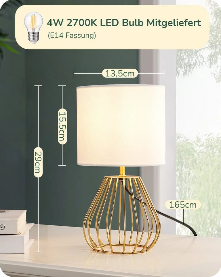EDISHINE Nachttischlampe H29 cm mit Metallfuß, LED wechselbar, 2700 K Warmweiß, Vintage Tischleuchte mit E14 Leuchtmittel - Bild 4