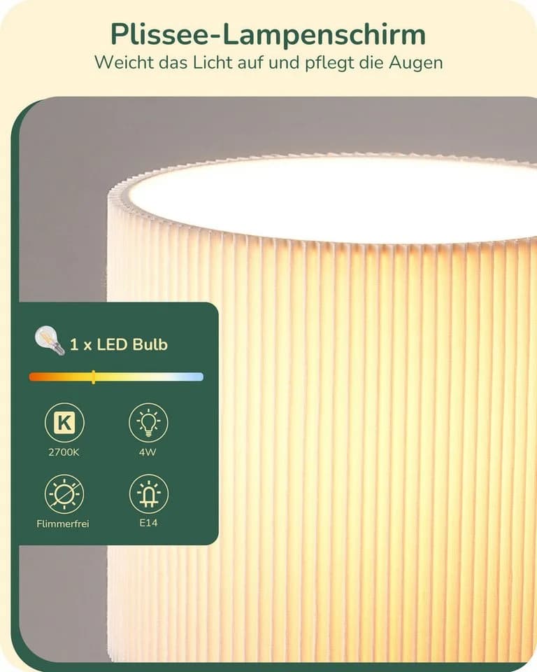 EDISHINE Nachttischlampe H29 cm LED wechselbar 2700 K Warmweiß Vintage Tischleuchte