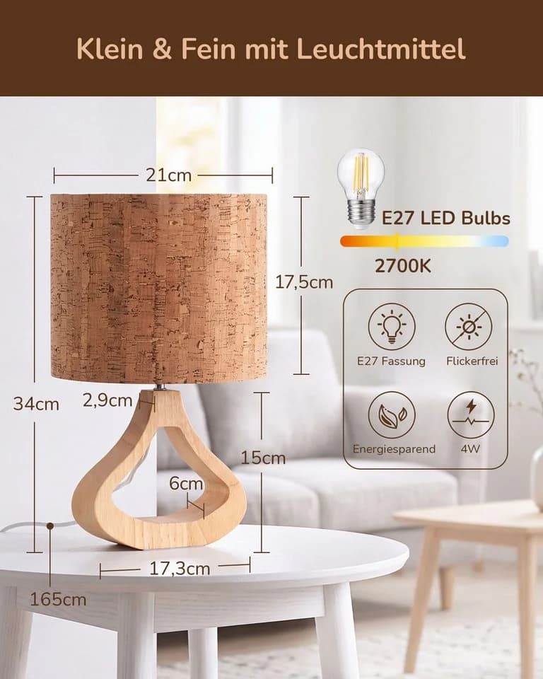 EDISHINE Nachttischlampe Holz LED 34cm - Bild 5