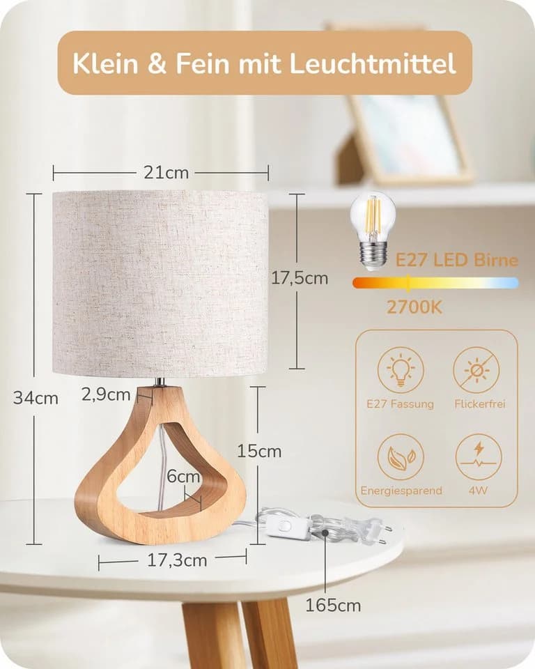EDISHINE Nachttischlampe 34cm Holz LED wechselbar warmweiß E27 - Bild 4