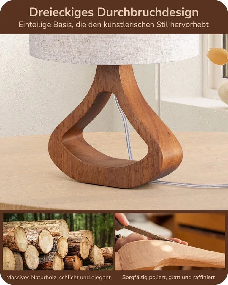 EDISHINE Nachttischlampe Holz LED warmweiß
