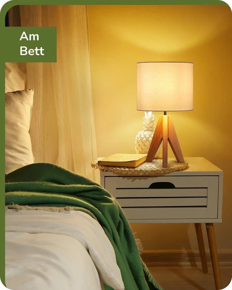 EDISHINE Nachttischlampe 2er-Set aus Holz mit Leinenlampenschirm LED wechselbar warmweiß