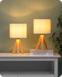 EDISHINE Nachttischlampe 2er-Set aus Holz mit Leinenlampenschirm LED wechselbar warmweiß Bild 2