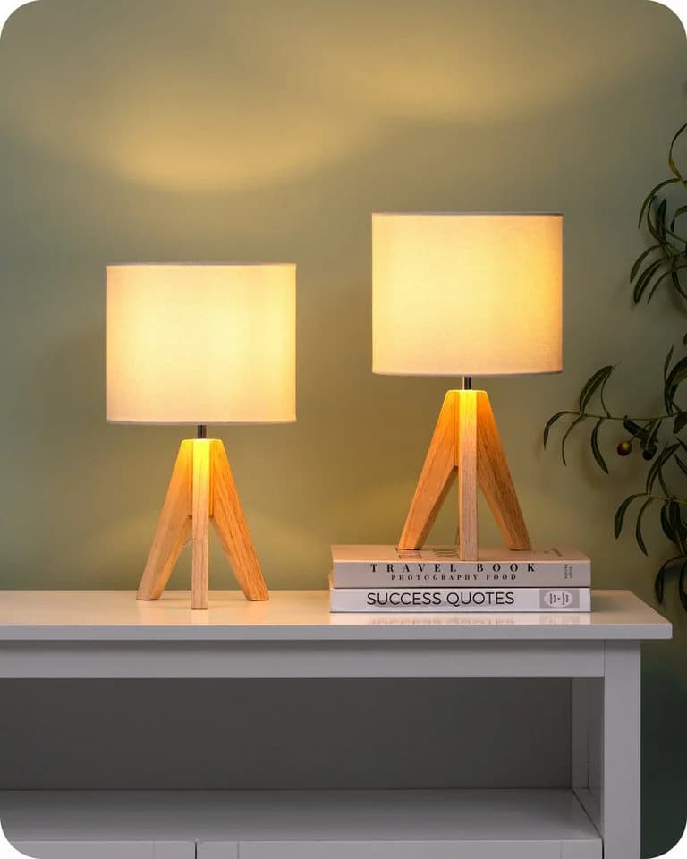 EDISHINE Nachttischlampe 2er-Set aus Holz mit Leinenlampenschirm LED wechselbar warmweiß - Bild 2