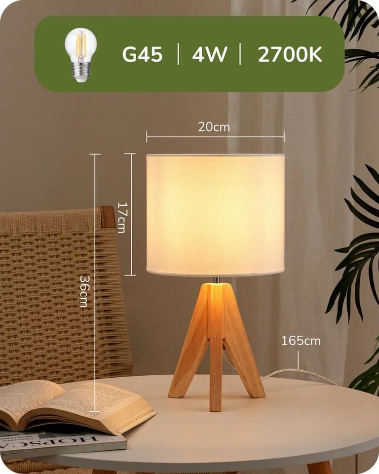 EDISHINE Nachttischlampe 2er-Set aus Holz mit Leinenlampenschirm LED wechselbar warmweiß - Bild 4