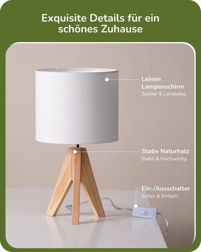 EDISHINE Nachttischlampe 2er-Set aus Holz mit Leinenlampenschirm LED wechselbar warmweiß - Bild 5