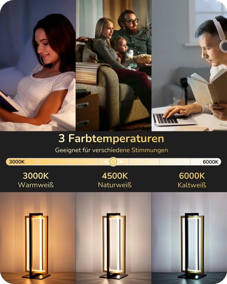 EDISHINE LED Nachttischlampe Touch Dimmbar Schwarz-Gold Metall 3 Farbtemperaturen - Bild 3