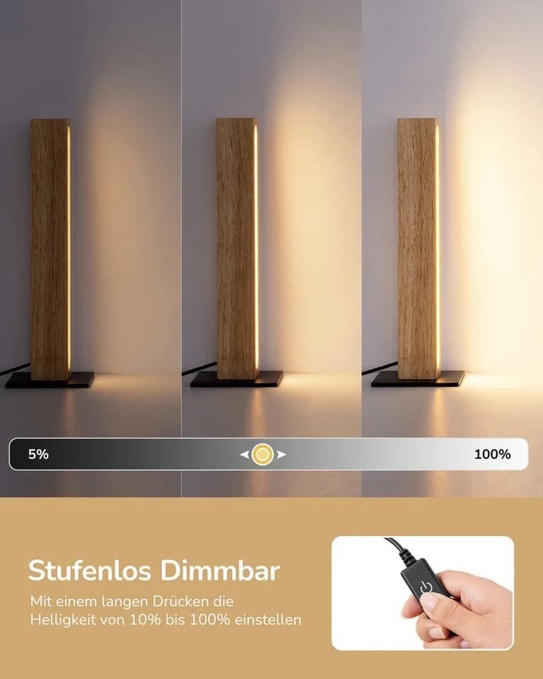 EDISHINE LED Nachttischlampe Holz, LED fest integriert, Touch Dimmbar