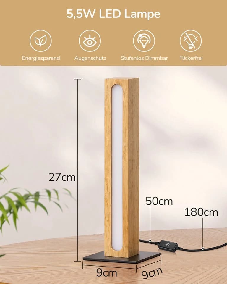 EDISHINE LED Nachttischlampe Holz, LED fest integriert, Touch Dimmbar - Bild 4