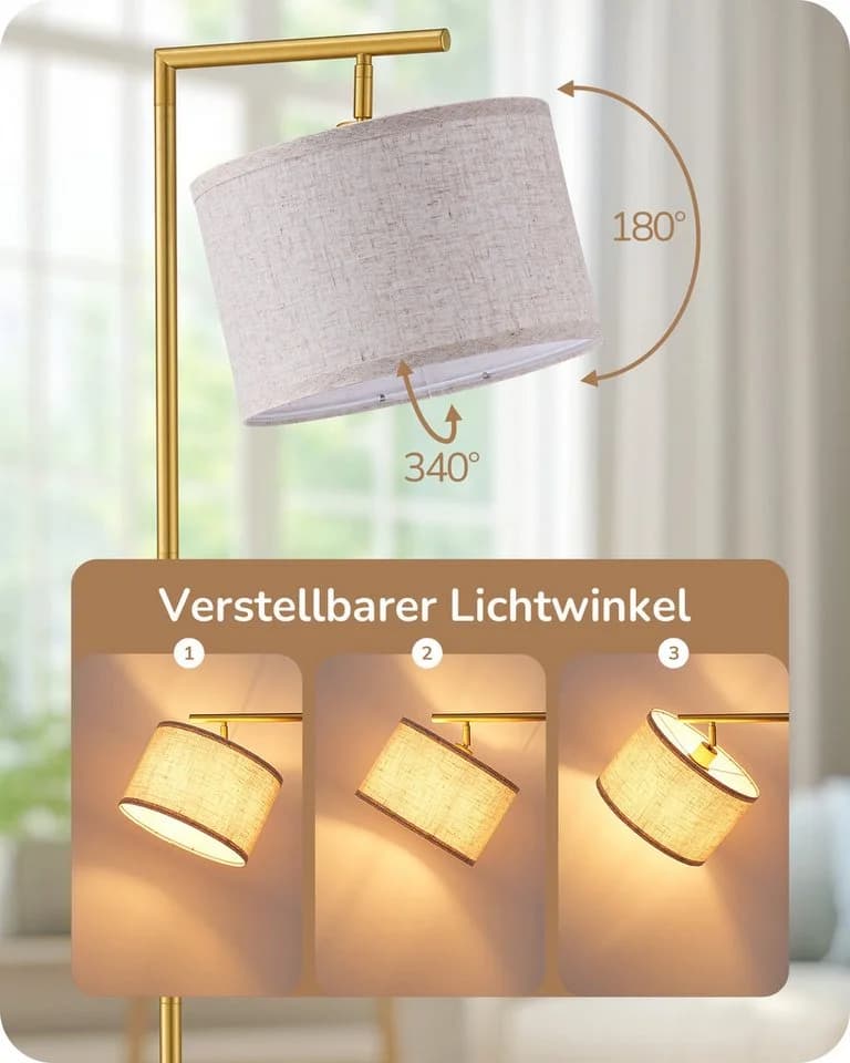 EDISHINE Stehlampe 160cm Retro Gold Leinen verstellbar