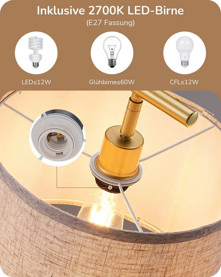 EDISHINE Stehlampe 160cm Retro Gold Leinen verstellbar - Bild 3