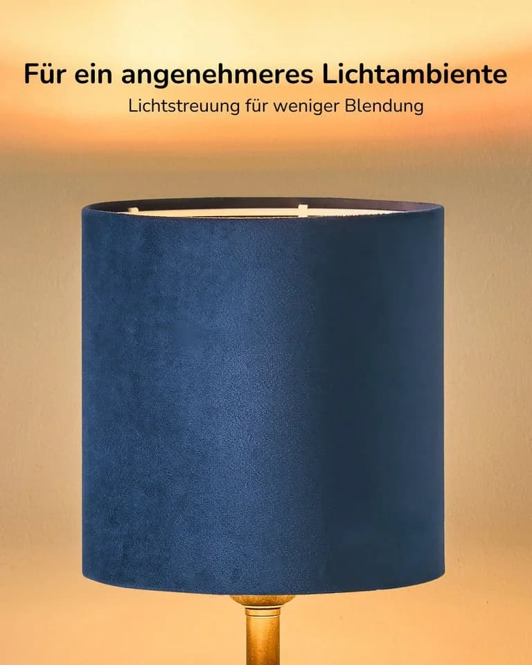 EDISHINE Nachttischlampe Blau Vintage Samtschirm Metallsockel