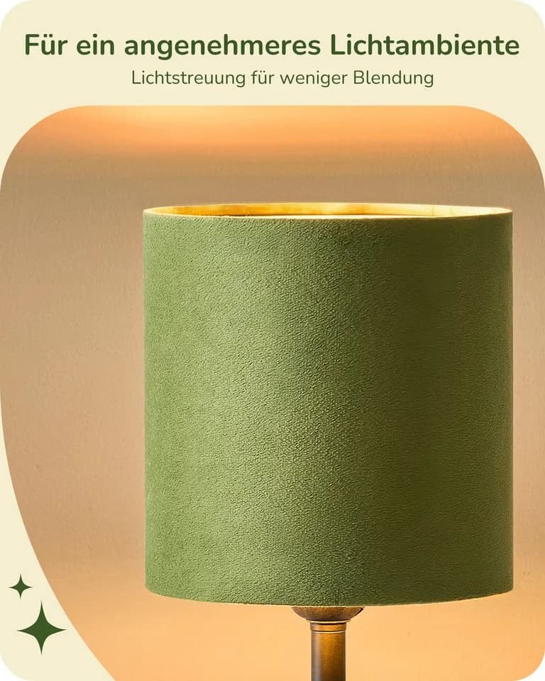 EDISHINE Nachttischlampe Samtgrün Metall Vintage