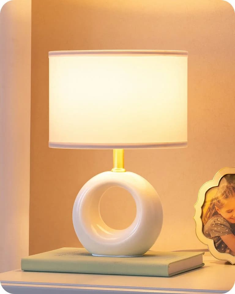 EDISHINE Nachttischlampe Keramik mit Stoffschirm und LED E14 Warmweiß - Bild 2