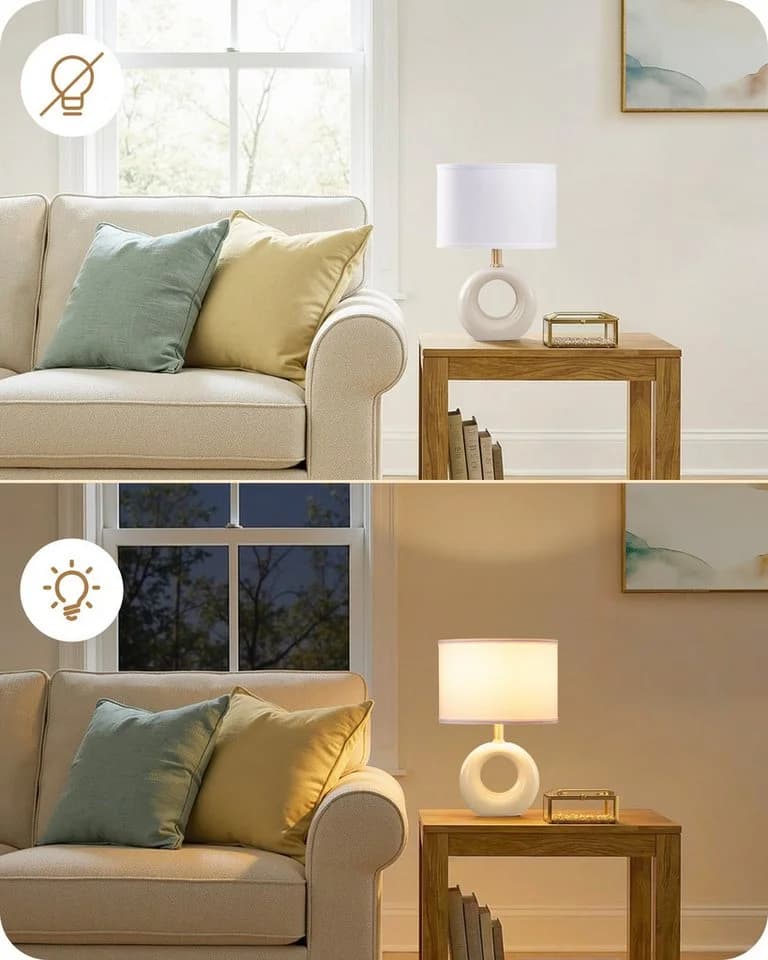 EDISHINE Nachttischlampe Keramik mit Stoffschirm und LED E14 Warmweiß - Bild 4