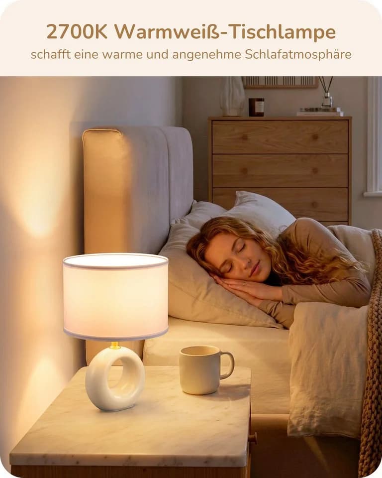 EDISHINE Nachttischlampe Keramik mit Stoffschirm und LED E14 Warmweiß - Bild 5