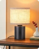 EDISHINE Nachttischlampe Massivholzsockel Leinen-Lampenschirm Schwarz Beige Bild 2