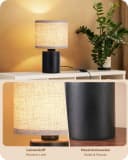 EDISHINE Nachttischlampe Massivholzsockel Leinen-Lampenschirm Schwarz Beige Bild 3