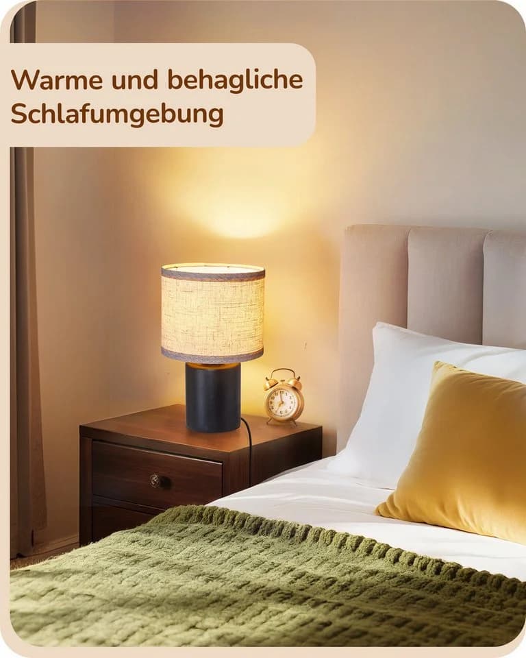EDISHINE Nachttischlampe Massivholzsockel Leinen-Lampenschirm Schwarz Beige - Bild 5