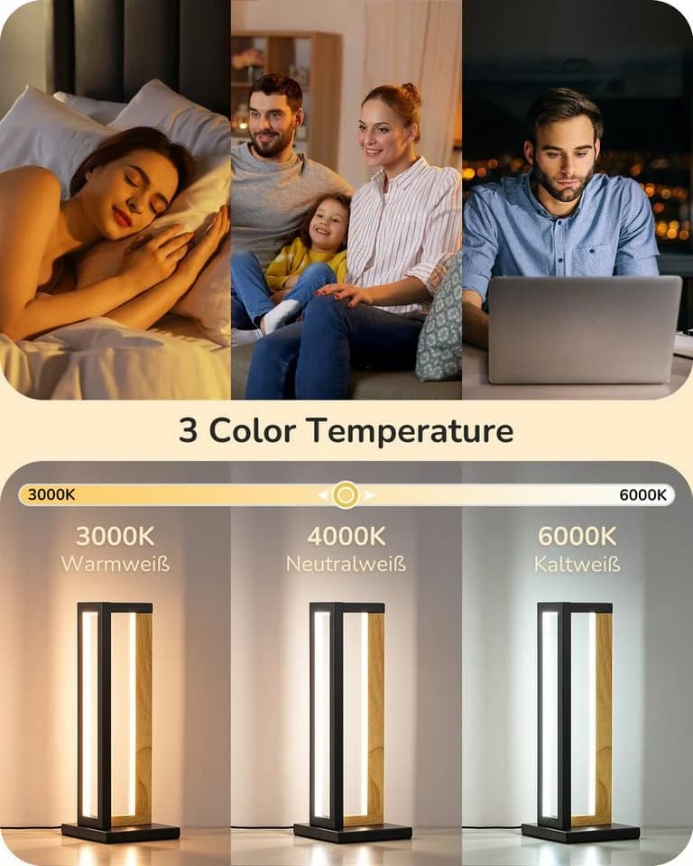 EDISHINE LED Nachttischlampe Schwarz Touch Dimmbar Metall