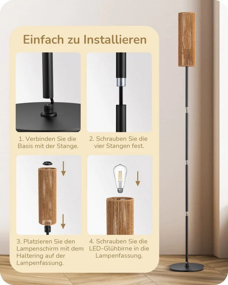 EDISHINE Stehlampe Wohnzimmer LED wechselbar warmweiß Stehleuchte Seil - Bild 3