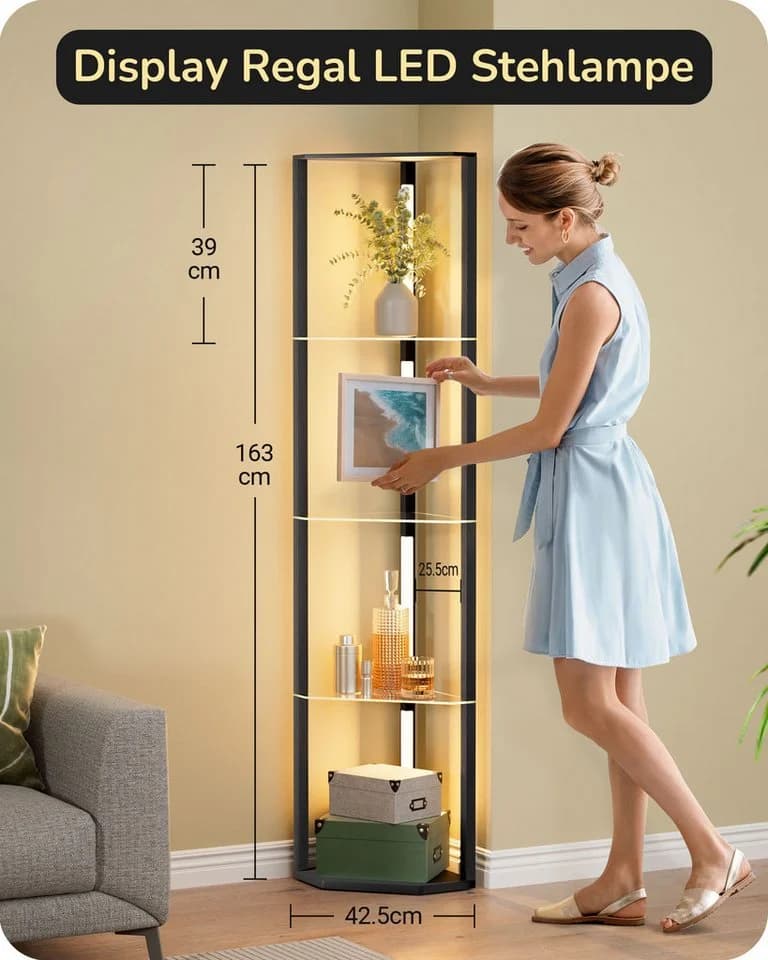 EDISHINE Stehlampe Wohnzimmer Schwarz, LED Dimmbar mit 4 Holz-Regalen - Bild 5