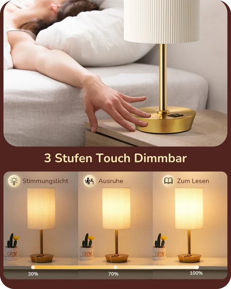 EDISHINE LED Nachttischlampe Touch Dimmbar, 2er-Set Tischleuchten mit USB, LED wechselbar, warmweiß