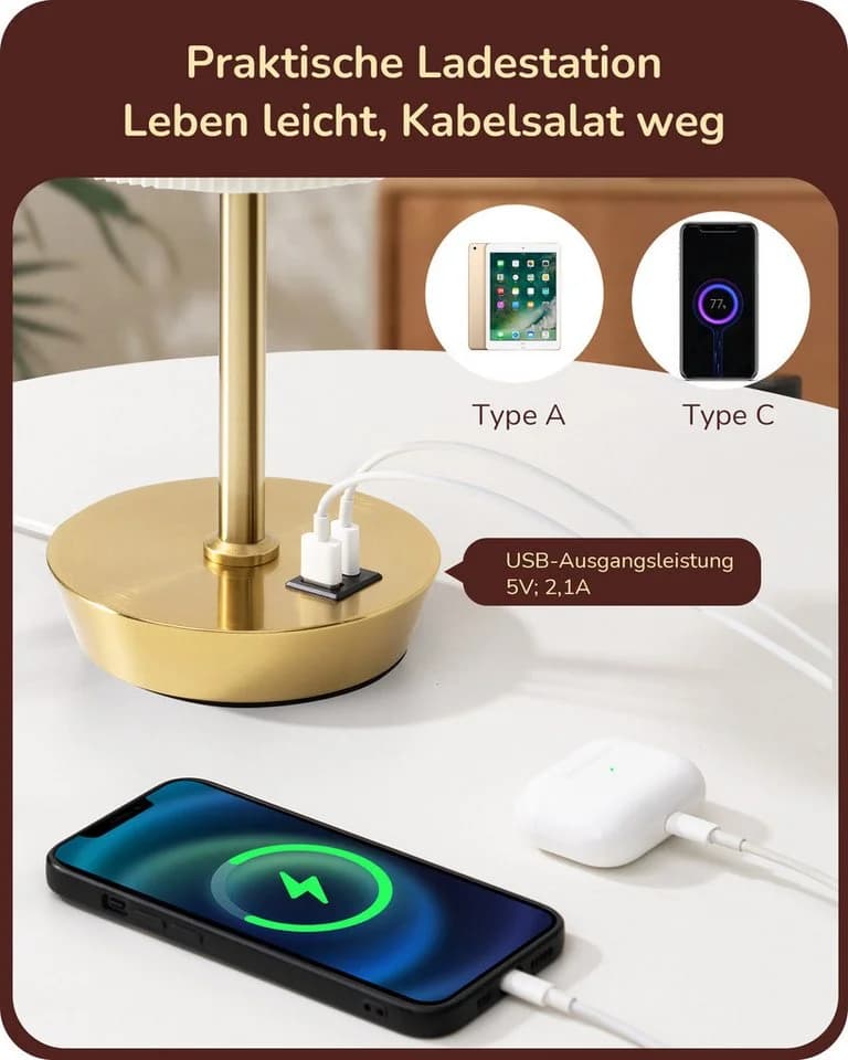 EDISHINE LED Nachttischlampe Touch Dimmbar, 2er-Set Tischleuchten mit USB, LED wechselbar, warmweiß - Bild 3