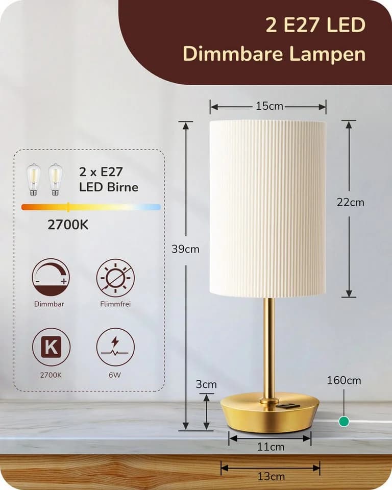 EDISHINE LED Nachttischlampe Touch Dimmbar, 2er-Set Tischleuchten mit USB, LED wechselbar, warmweiß - Bild 4