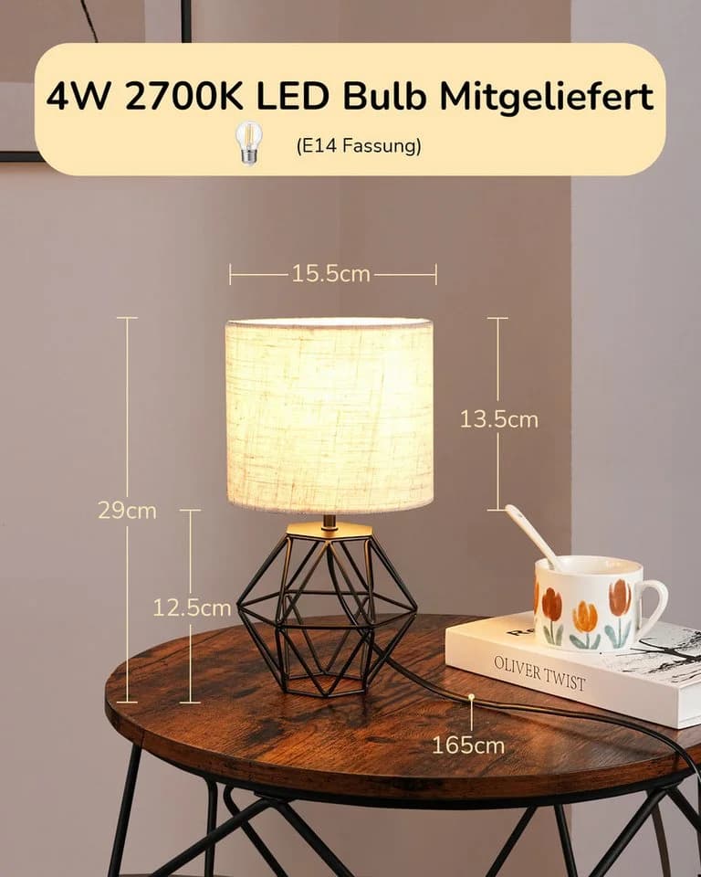EDISHINE Nachttischlampe Industrial Schwarz E14 LED 2700K Warmweiß - Bild 4