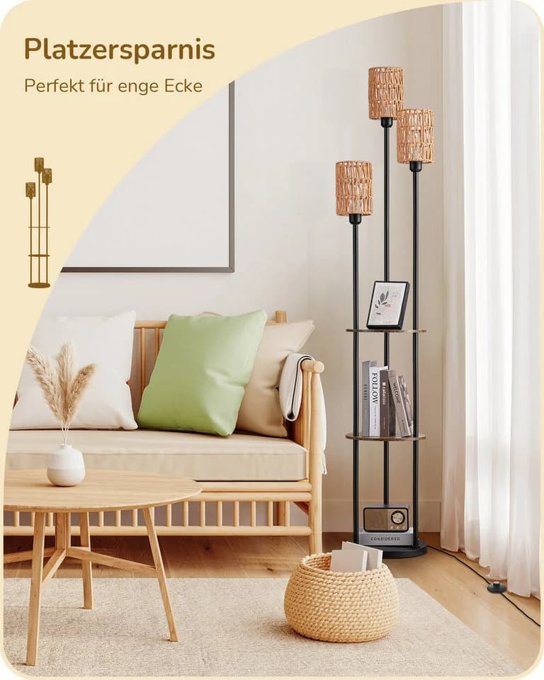 EDISHINE Stehlampe Wohnzimmer 3-flammig Vintage Rattan Schwarz-Braun