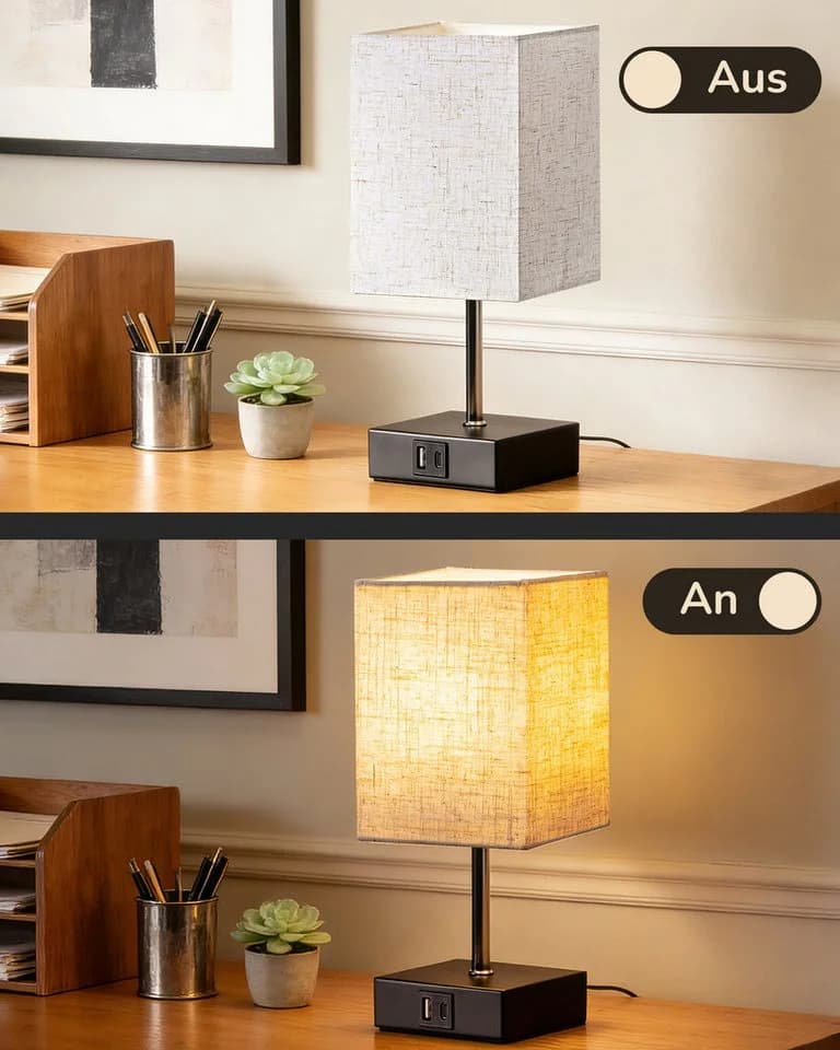 EDISHINE LED Nachttischlampe Touch Dimmbar, 2er-Set Beige/Schwarz