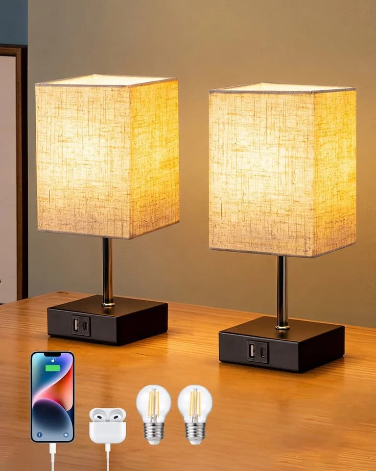 EDISHINE LED Nachttischlampe Touch Dimmbar, 2er-Set Beige/Schwarz - Bild 2