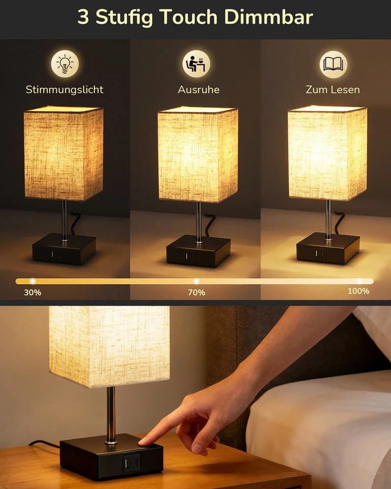 EDISHINE LED Nachttischlampe Touch Dimmbar, 2er-Set Beige/Schwarz - Bild 4