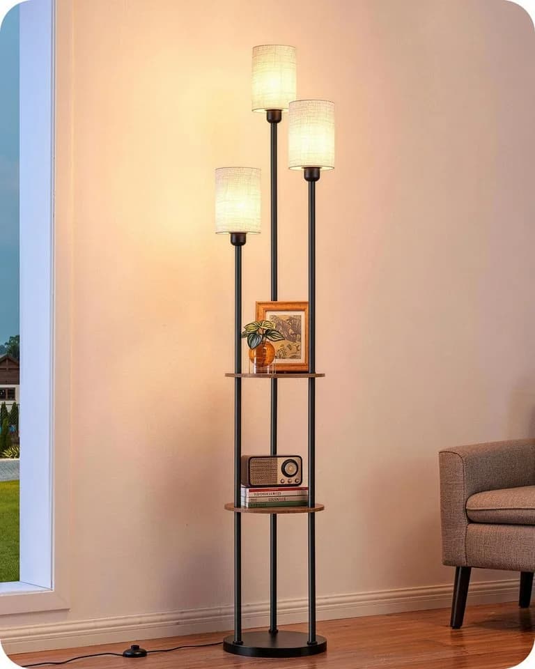 EDISHINE Stehlampe 3-flammig Schwarz mit Regalen und LED