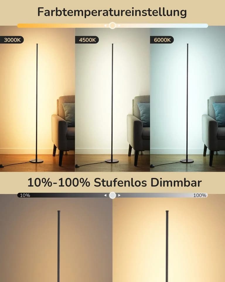 EDISHINE LED Stehlampe Dimmbar Schwarz Minimalistisch