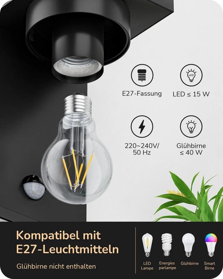 EDISHINE Außenwandlampe mit Bewegungsmelder Schwarz E27 IP44 - Bild 5
