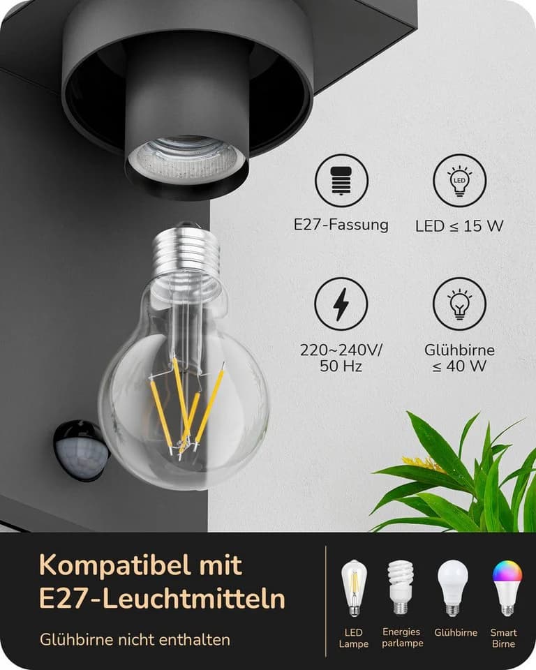 EDISHINE Außenwandlampe mit Bewegungsmelder E27 IP44 Anthrazit - Bild 5