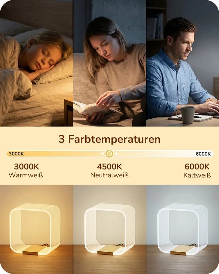 EDISHINE LED Nachttischlampe Dimmbar mit 3 Farbtemperaturen