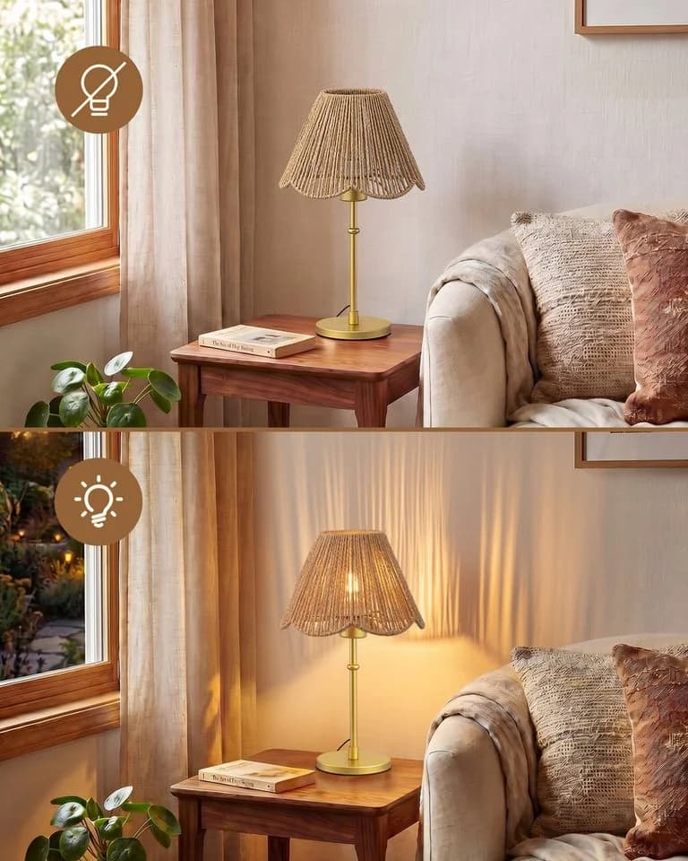EDISHINE Nachttischlampe Gold mit handgeflochtenem Papierseir-Schirm - Bild 5