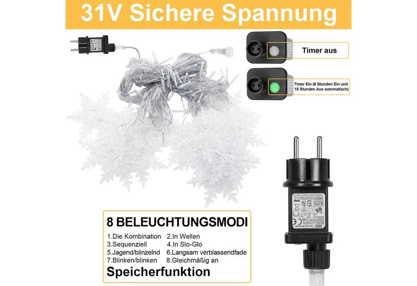 SERBASIC LED-Lichtervorhang Schneeflocken 8 Modi Bunt