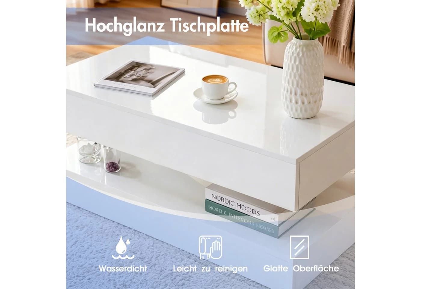 Sunsitt Couchtisch Modern Weiß Hochglanz-Optik mit 2 Schubladen - Bild 3