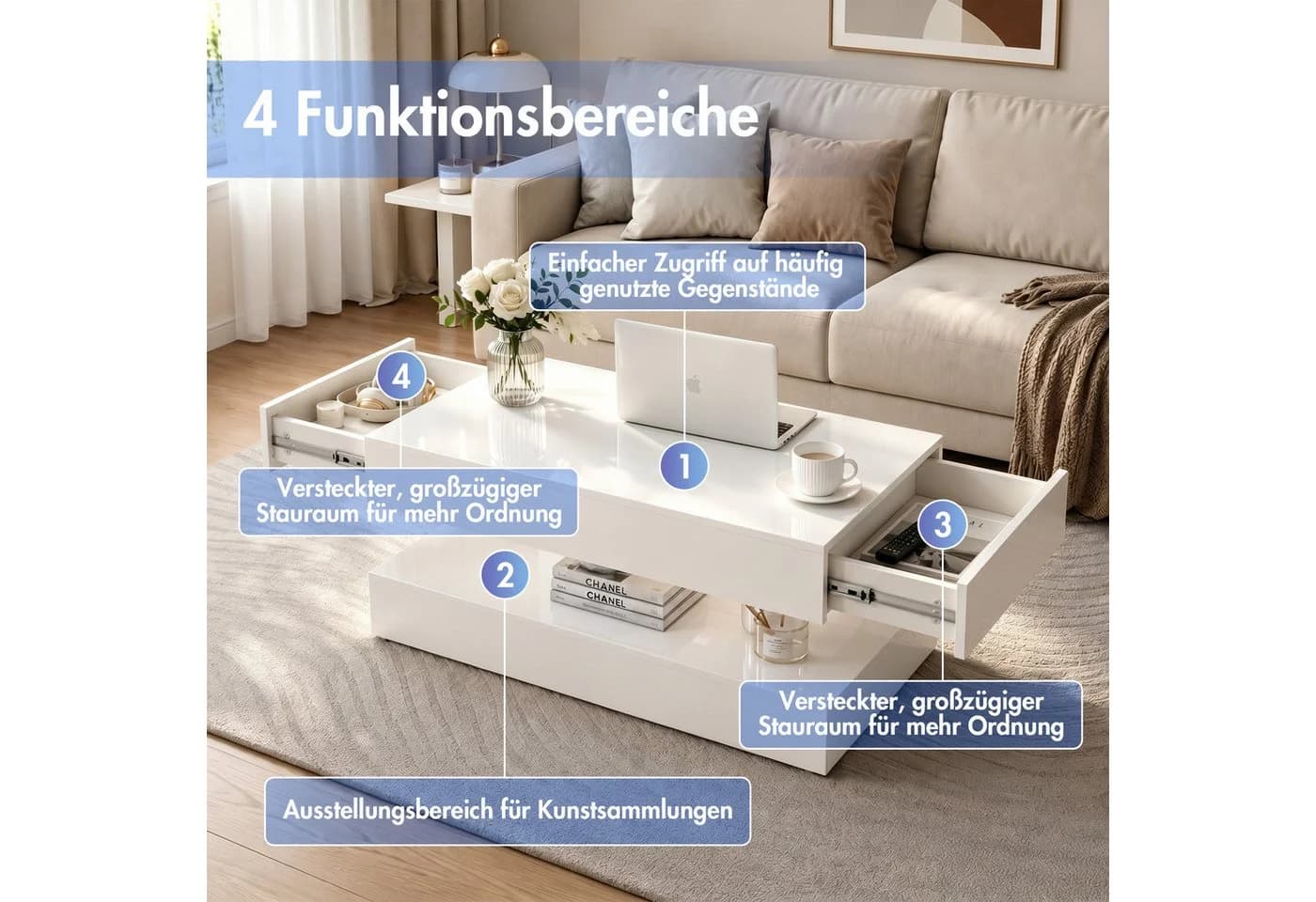 Sunsitt Couchtisch Modern Weiß Hochglanz-Optik mit 2 Schubladen - Bild 4
