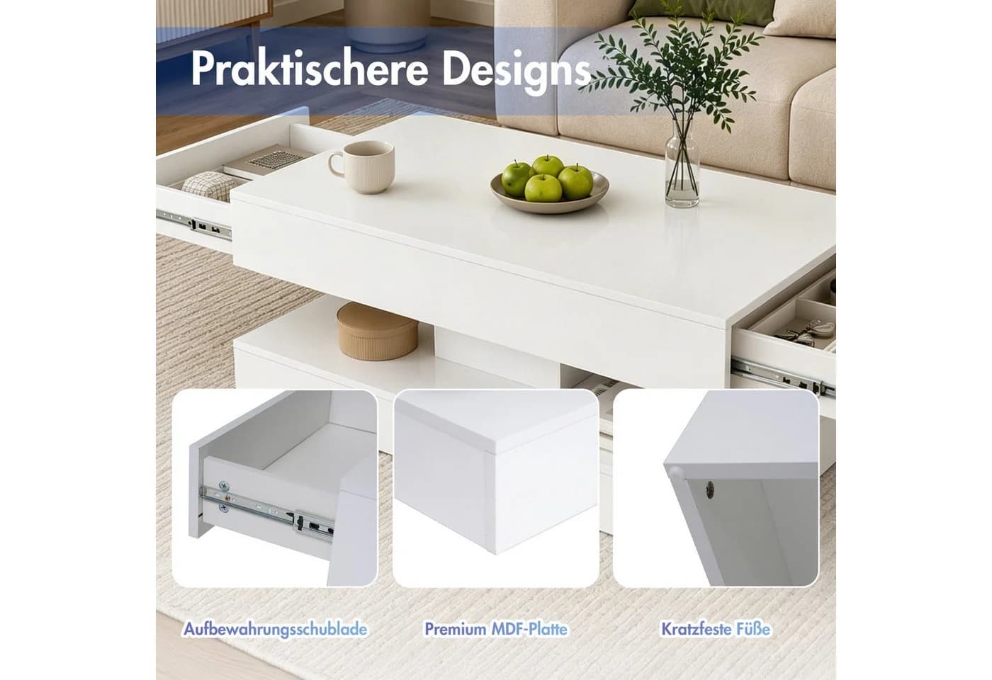 Sunsitt Couchtisch Modern Weiß Hochglanz-Optik mit 2 Schubladen - Bild 5