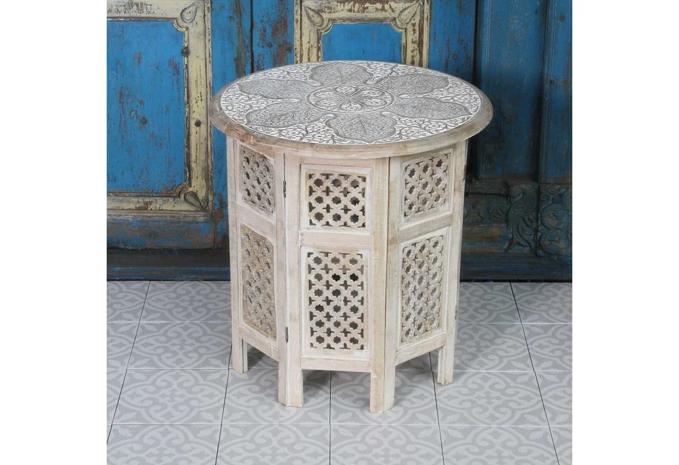 Casa Moro Orientalischer Beistelltisch Haytam Weiß Handgeschnitzt Mango Holz - Bild 2