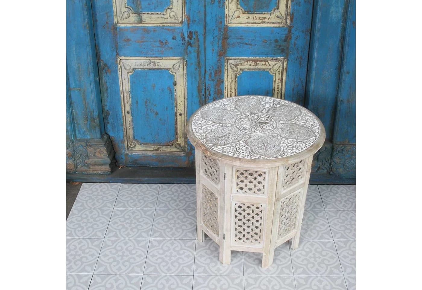 Casa Moro Orientalischer Beistelltisch Haytam Weiß Handgeschnitzt Mango Holz - Bild 3