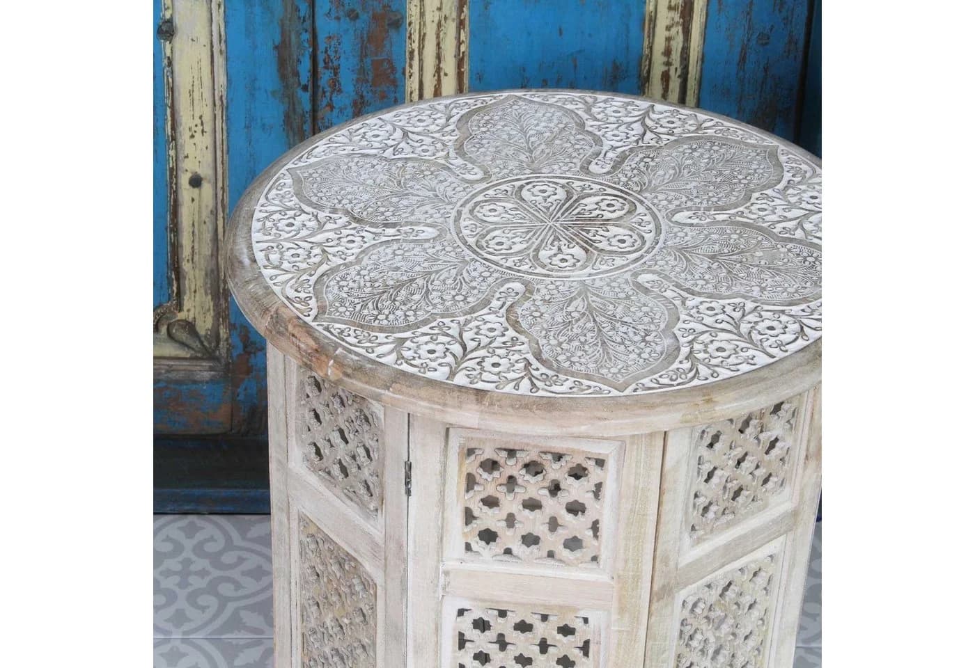 Casa Moro Orientalischer Beistelltisch Haytam Weiß Handgeschnitzt Mango Holz - Bild 4