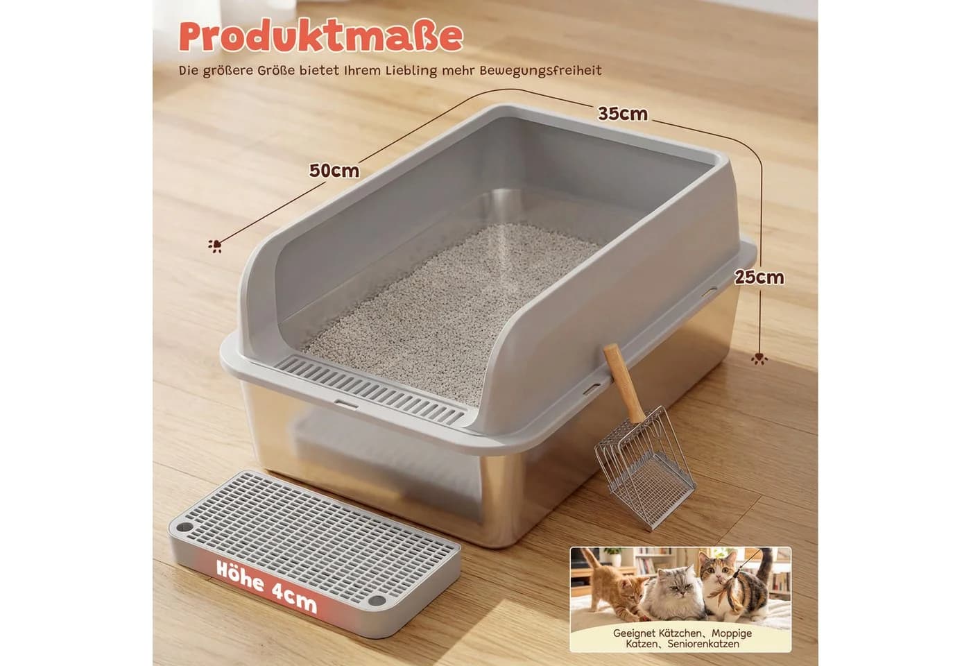Klyvvo Katzentoilette Edelstahl XL mit hohem Rand und Metallschaufel - Bild 3