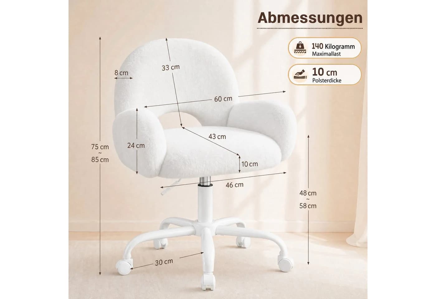 Klyvvo Drehstuhl Bürostuhl mit Kunstkaninchenfell beige höhenverstellbar